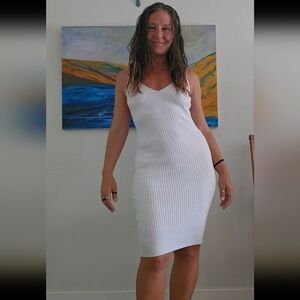 Charlotte Russe White Ribbed Sheath Dress V-Neck Midi